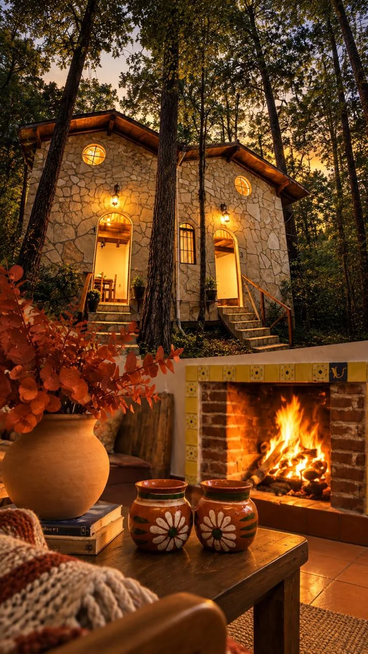 Fachada de piedra de la cabaña entre los árboles al atardecer, con chimenea encendida en primer plano