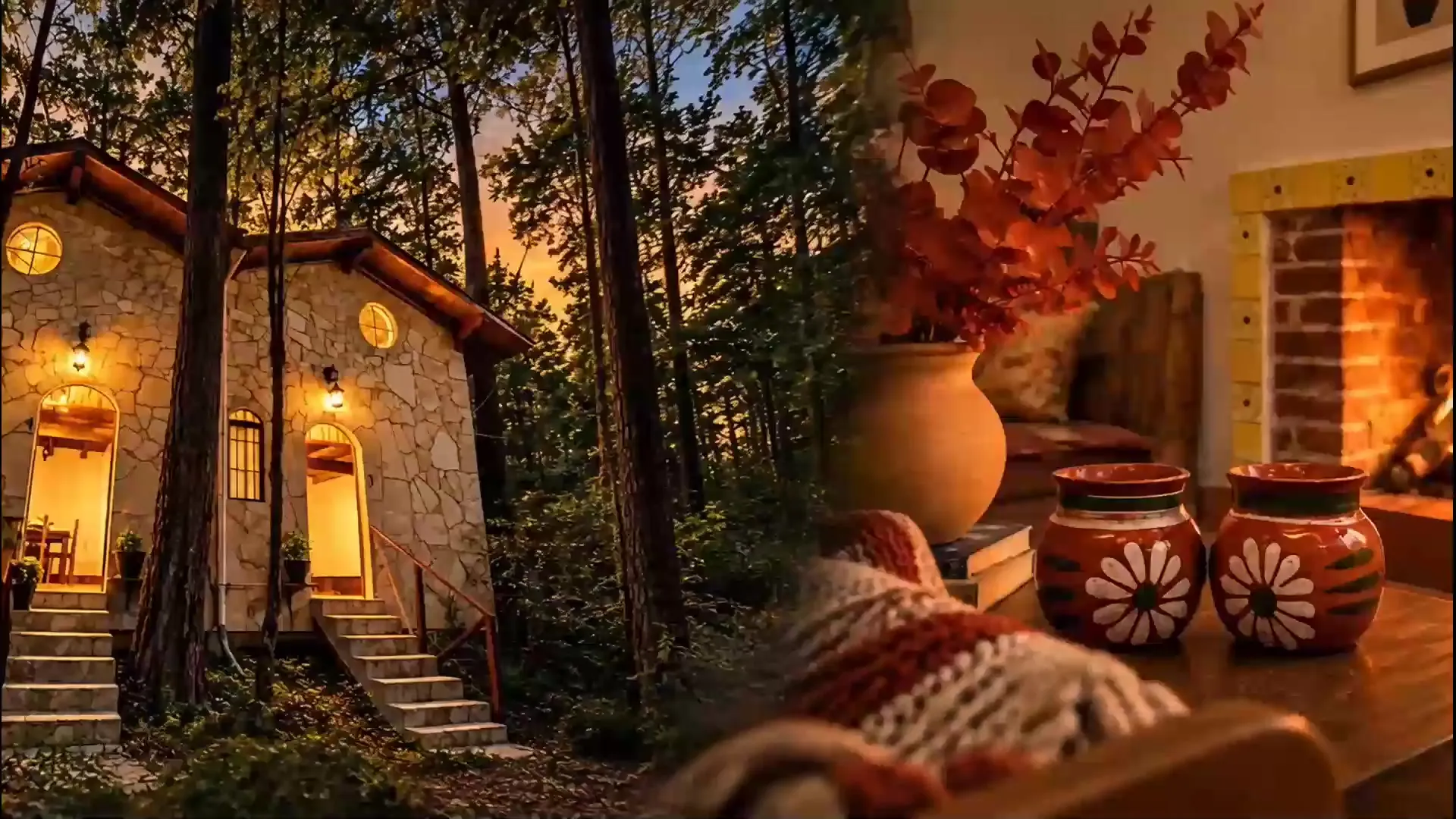 Cabaña de piedra entre el bosque con chimenea encendida al atardecer